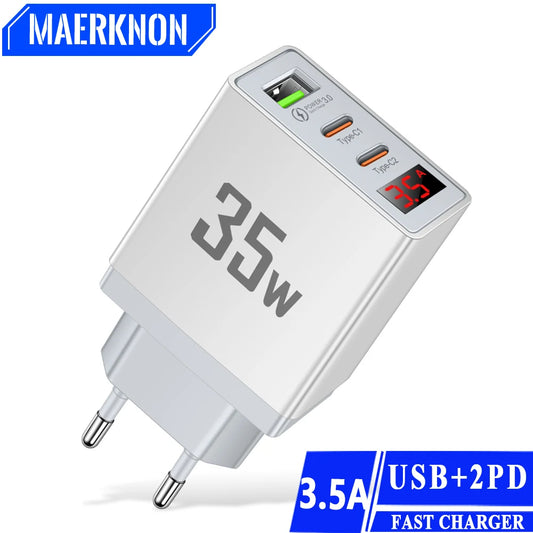 USB C Charger 3 Ports PD Fast Charging Digital Display Quick Charge 3.0 Phone Wall Adapter for iPhone 15 Xiaomi Samsung Huawei