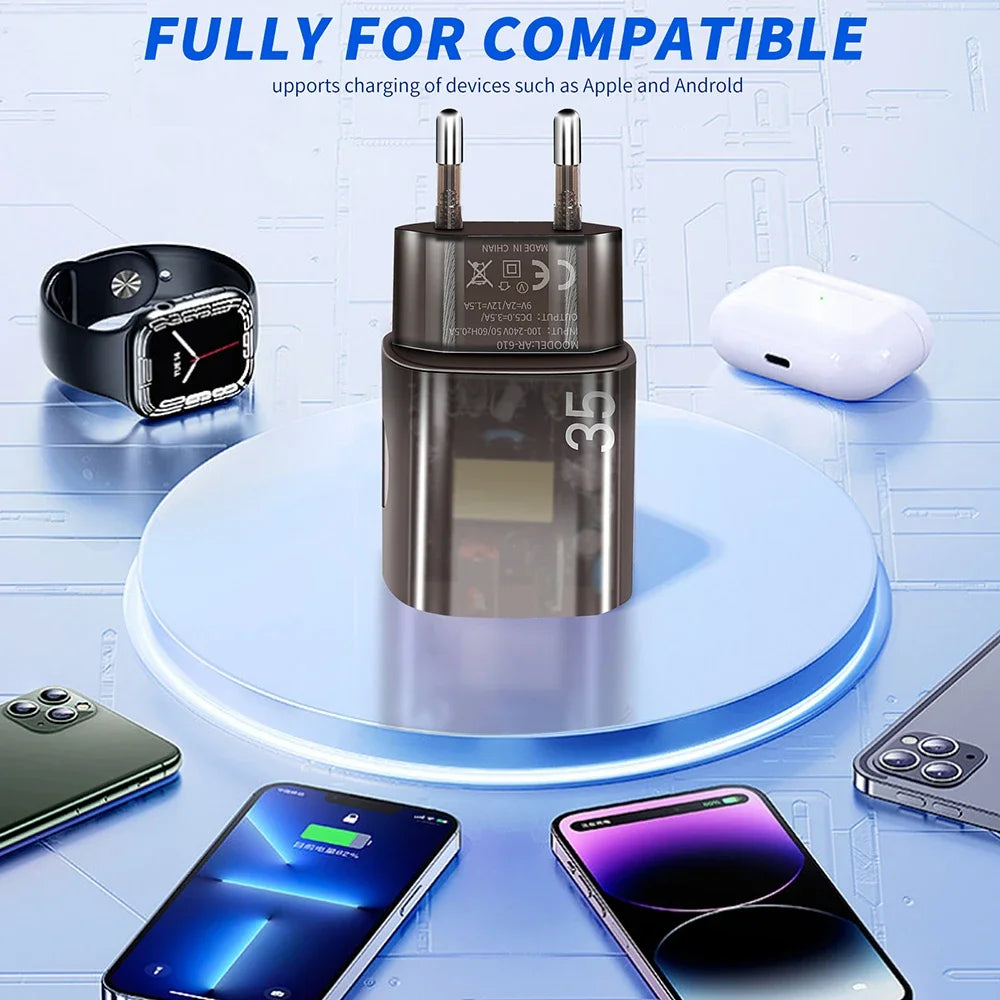 QC3.0 USB Charger 35W USB C PD Type C Cable Real Fast Charging Mobile Phone Quick Charge Wall Adapter for iPhone Xiaomi Samsung