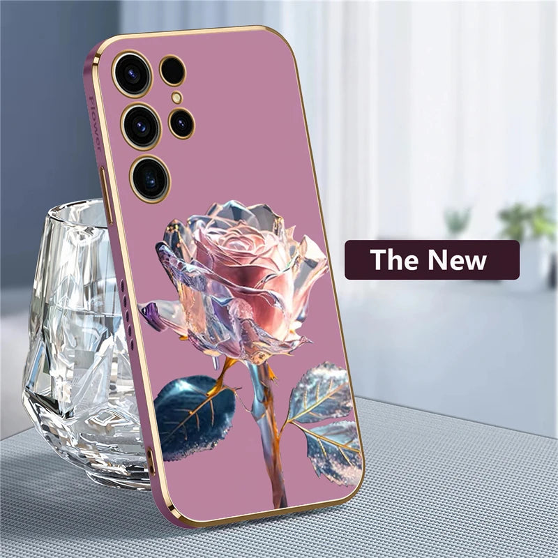 S24 Luxury Rose Flower Plants Case For Samsung Galaxy S23 Ultra S22 S21 Plus S20 fe S10 Silicone Soft Shockproof Cover Coque