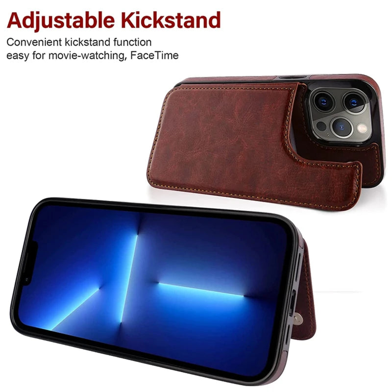 Leather Wallet Case For iPhone 15 14 13 12 11 Pro Max SE X XR XS Max 8 7 6 6S Plus Kickstand Card Holder