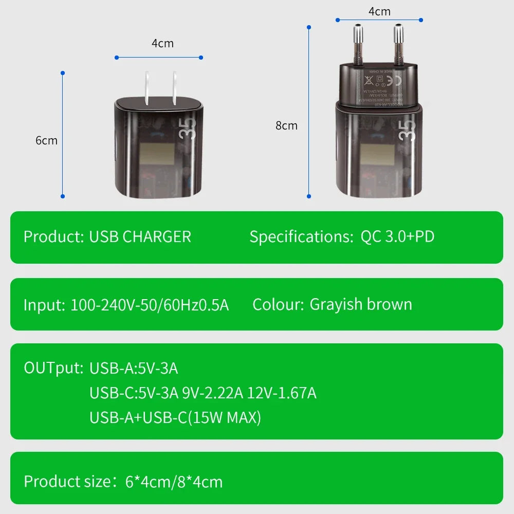 QC3.0 USB Charger 35W USB C PD Type C Cable Real Fast Charging Mobile Phone Quick Charge Wall Adapter for iPhone Xiaomi Samsung