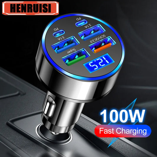 100W Car Charger 6 Ports USB C Charger PD Fast Charging for Iphone 15 14 13 Pro Max  Samsung Galaxy S24 S23 Ultra