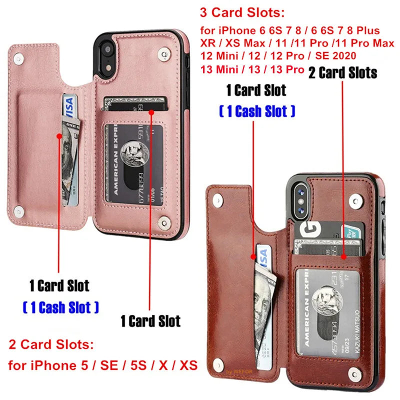 Leather Wallet Case For iPhone 15 14 13 12 11 Pro Max SE X XR XS Max 8 7 6 6S Plus Kickstand Card Holder