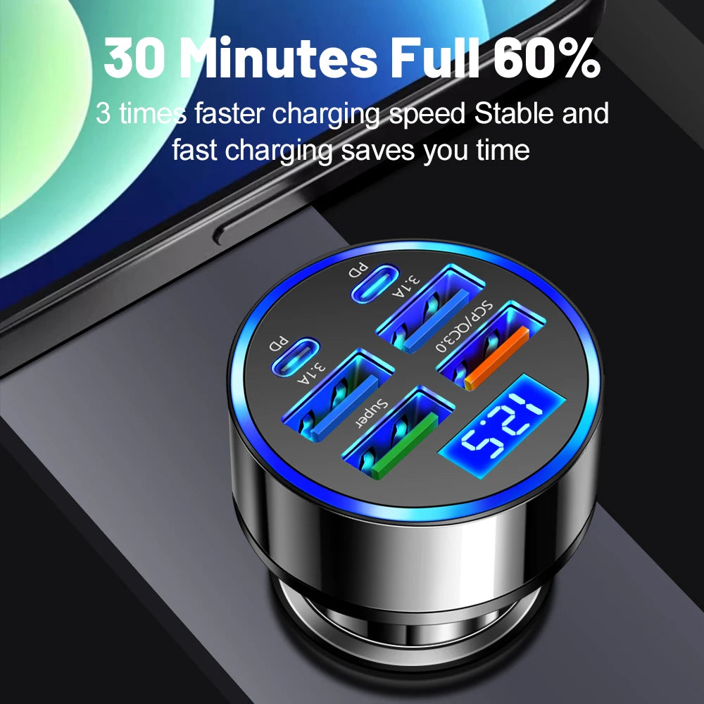 100W Car Charger 6 Ports USB C Charger PD Fast Charging for Iphone 15 14 13 Pro Max  Samsung Galaxy S24 S23 Ultra