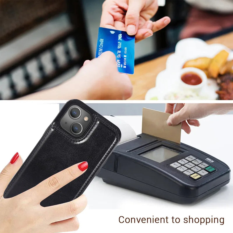 Leather Wallet Case For iPhone 15 14 13 12 11 Pro Max SE X XR XS Max 8 7 6 6S Plus Kickstand Card Holder