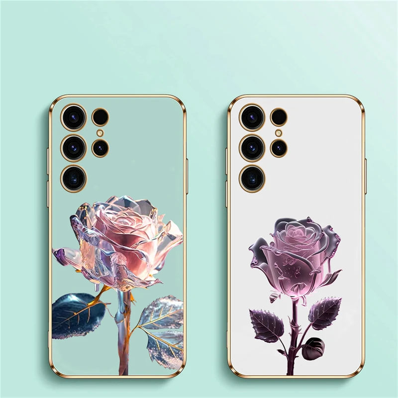 S24 Luxury Rose Flower Plants Case For Samsung Galaxy S23 Ultra S22 S21 Plus S20 fe S10 Silicone Soft Shockproof Cover Coque